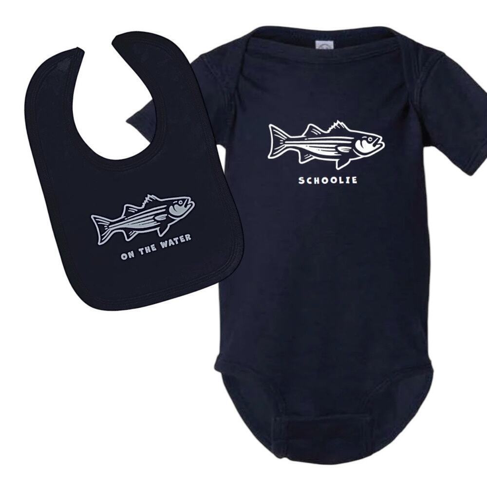 SCHOOLIE 6 Months navy blue striped bass Onesie with matching bib fishin…​​